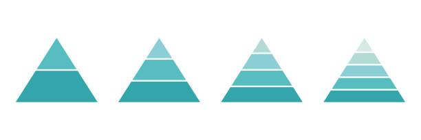 ilustraciones, imágenes clip art, dibujos animados e iconos de stock de conjunto azul de infografía piramidal. colección de segmentos de datos de jerarquía de triángulos - tiered