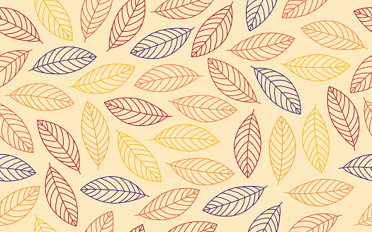 Autumn fall leaf line drawing seamless repeating beige background pattern.