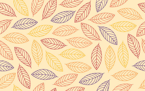 Seamless Fall Autumn Leaves Background Autumn fall leaf line drawing seamless repeating beige background pattern. autumn designs stock illustrations