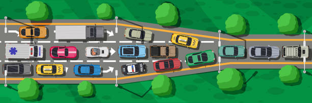 Road Highways with Many Different Vehicles Road Highways with Many Different Vehicles in Traffic Jam. Narrowing or Bottleneck on Road Top View. Map of Cars. Urban Transport. Traffic Regulations. Rules of Road. Vector Illustration in Flat Style traffic jam stock illustrations