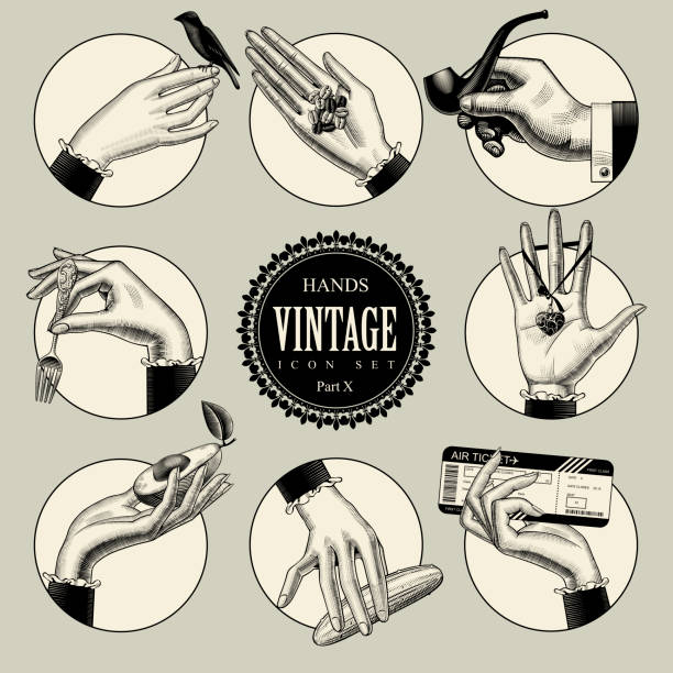 Set of round icons in vintage engraving style with hands and accessories Set of round icons in vintage engraving style with hands and accessories. Retro business icons. Vector illustration sherlock holmes icon stock illustrations