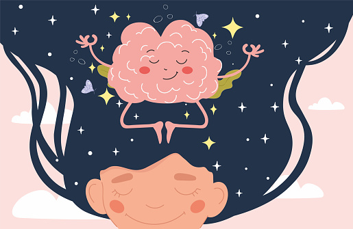 Calm brain meditation to relax balance or mental wellness concept. Girl and organ character with cute and funny peace control and mind focus. Psychological harmony. Flat cartoon vector illustration