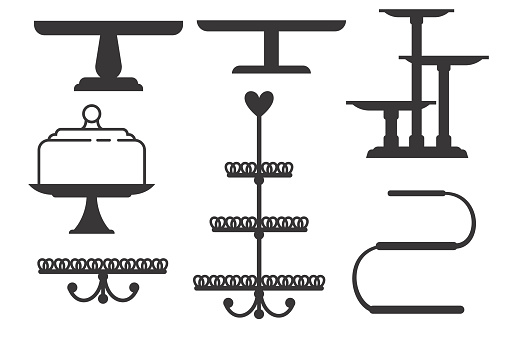 Set of cake stands in flat icon style. Empty trays for fruit and desserts. Vector illustration isolated on white background.