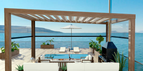 3d render detalhes de pátio de luxo com vista para o mar e piscina. - patio swimming pool barbecue grill contemporary - fotografias e filmes do acervo