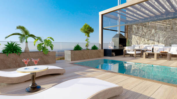 istock 3D illustration of Luxury Patio with pool deck chairs. 1328687685