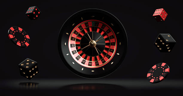 casino concepto moderno. ruleta, patatas fritas y dados - ilustración 3d - roulette wheel fotografías e imágenes de stock