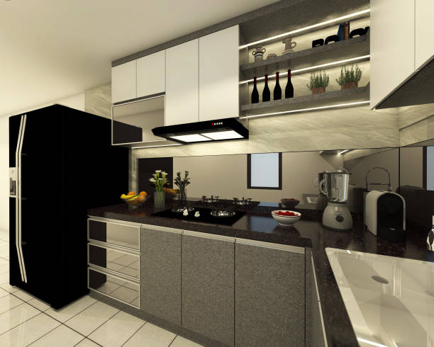 istock Interior kitchen design in industrial style with modern cabinet, mirror ornament and lighting decoration 1328687917