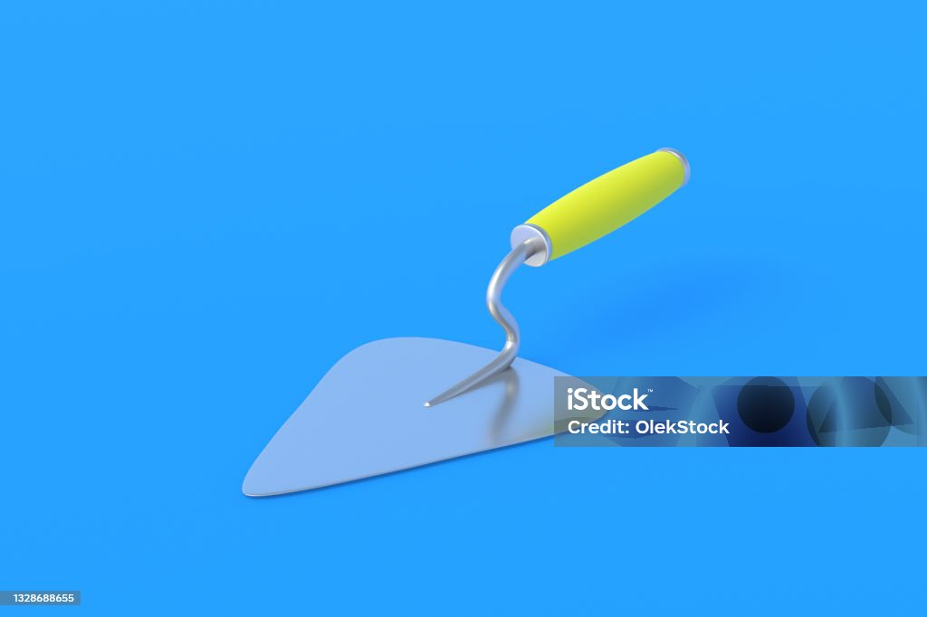 One metal trowel with yellow handle on blue background. Spatula for cement, plaster. Construction of buildings, houses. Professional work tool. 3d render Blue Stock Photo