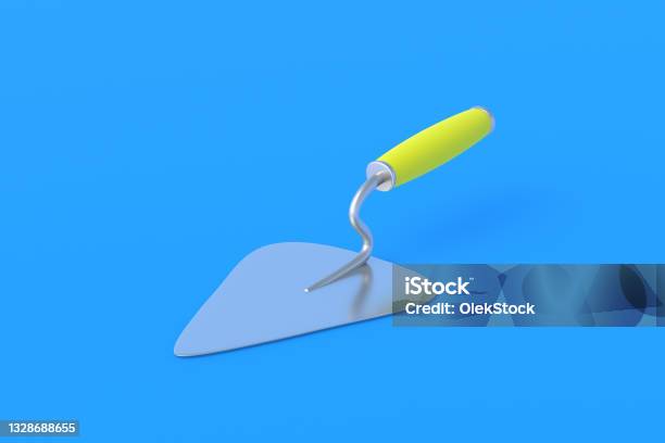 One Metal Trowel With Yellow Handle On Blue Background Spatula For Cement Plaster Construction Of Buildings Houses Professional Work Tool 3d Render Stock Photo - Download Image Now