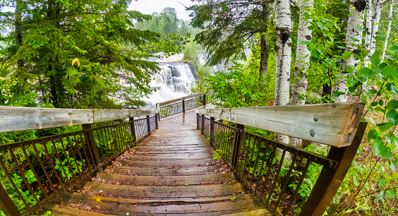 Boardwalk hiking trail leads to lookout point of Kakabeka falls in the provincial pak