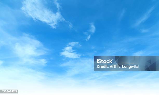 Summer Blue Sky And White Cloud White Background Beautiful Clear Cloudy In Sunlight Calm Season Panoramic Vivid Cyan Cloudscape In Nature Environment Outdoor Horizon Skyline With Spring Sunshine Stock Photo - Download Image Now