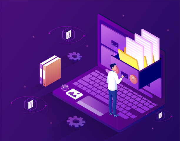 Concept of electronic file organization service Concept of electronic file organization service. A man stands on a laptop and puts electronic files into folders. The order on the desktop. Cartoon isometric vector illustration on a purple background organized bookshelf stock illustrations