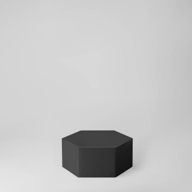 istock Black 3d hexagon podium with perspective isolated on grey background. Product podium mockup in hexagon shape, pillar, empty museum stage or pedestal. 3d basic geometric shape vector illustration 1328689362