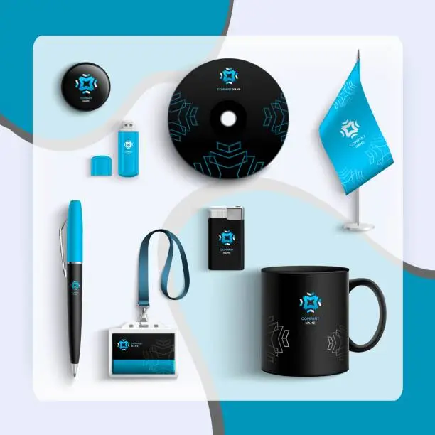 Vector illustration of Corporate identity blue and black design set with cup pen cd and id card isolated vector