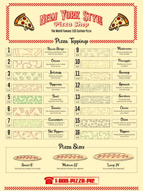 retro fast food restaurant menü mit outline ingredient icons für die bestellung von lieferung oder takeaway in pizzeria deli stil - speisekarte stock-grafiken, -clipart, -cartoons und -symbole