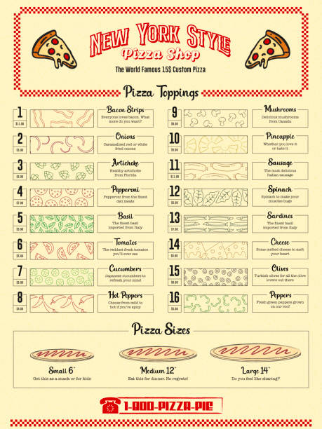 illustrazioni stock, clip art, cartoni animati e icone di tendenza di menu ristorante fast food retrò con icone degli ingredienti del contorno per ordinare la consegna o da asporto in stile pizzeria deli - pizzeria cafe restaurant italian culture