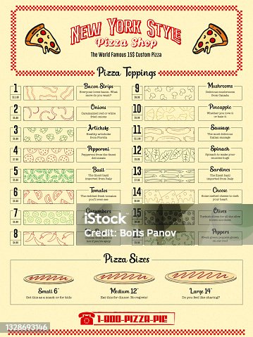 istock Retro Fast Food Restaurant Menu with Outline Ingredient Icons for Ordering Delivery or Takeaway in Pizzeria Deli Style 1328693146