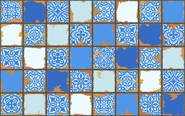 ilustraciones, imágenes clip art, dibujos animados e iconos de stock de azulejo portugués patrón de baldosas cerámicas vintage. fondo grunge antiguo con baldosas de esmalte astillado. cerámica italiana o mayólica española. - backgrounds history textile torn