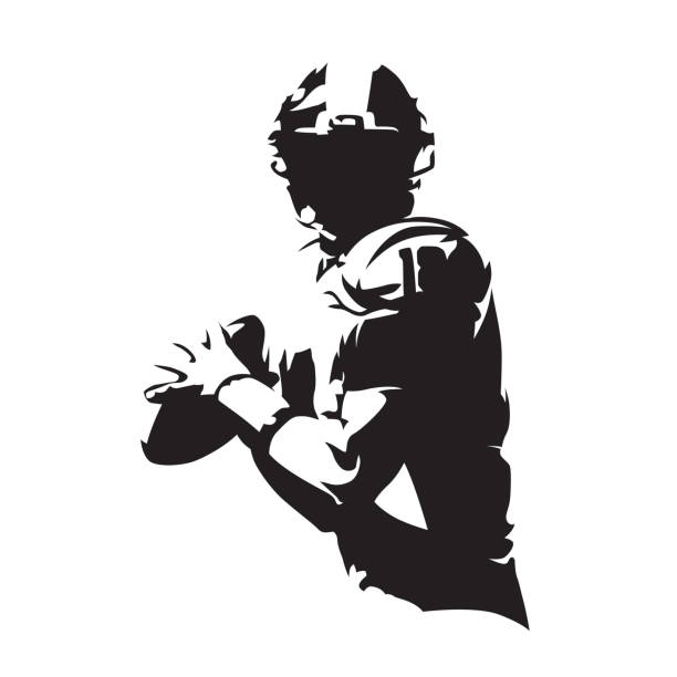 игрок в американский футбол держит мяч, изолированный векторный силуэт. командный вид спорта - catch light stock illustrations