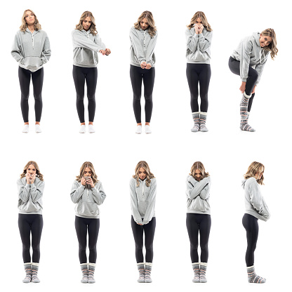 Collage of young shivering women in sporty casual wear feeling cold warming up in warm home clothes. Full body people isolated on white background