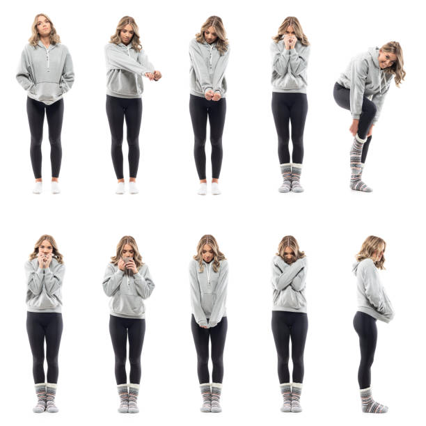 Collage of young shivering women in sporty casual wear feeling cold warming up in warm home clothes Collage of young shivering women in sporty casual wear feeling cold warming up in warm home clothes. Full body people isolated on white background woman putting on socks stock pictures, royalty-free photos & images