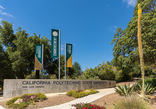San Luis Obispo, CA, USA - June 7 2021: California Polytechnic State University. Name and banners on street at entrance to campus under blue sky. Green foliage as backdrop.