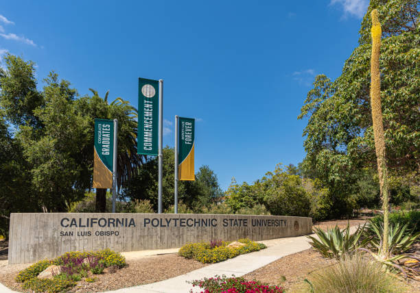Name of university on wall, San Luis Obispo, CA, USA. stock photo