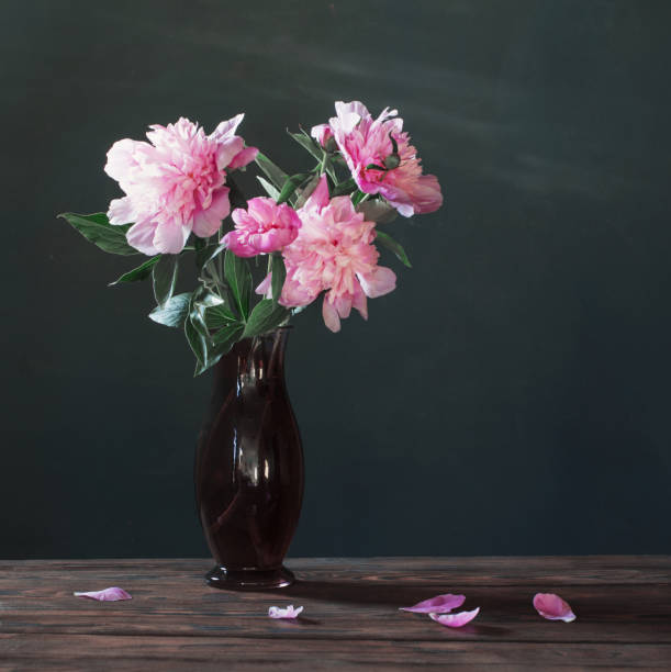 istock pink peony in  vase  on background dark wall 1328704255