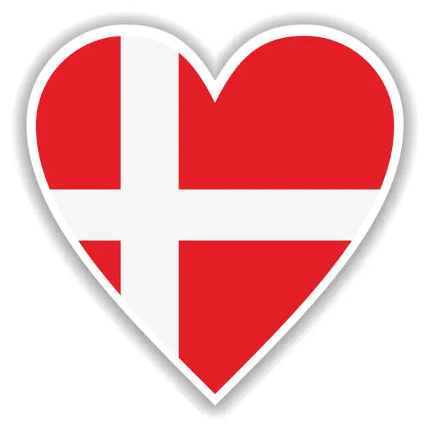 Vector illustration of Flag of Denmark in heart with shadow and white outline