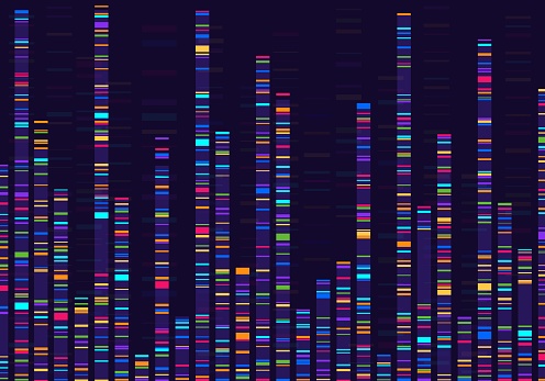 Genomic data visualization. Gene mapping, dna sequencing, genome barcoding, genetic marker map analysis infographic vector concept. Medical chromosome research, laboratory of microbiology