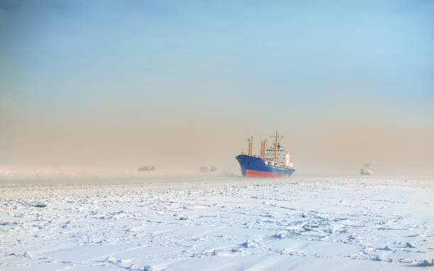 istock Winter shipping. Big cargo ship in ice sea fairway 1328710180