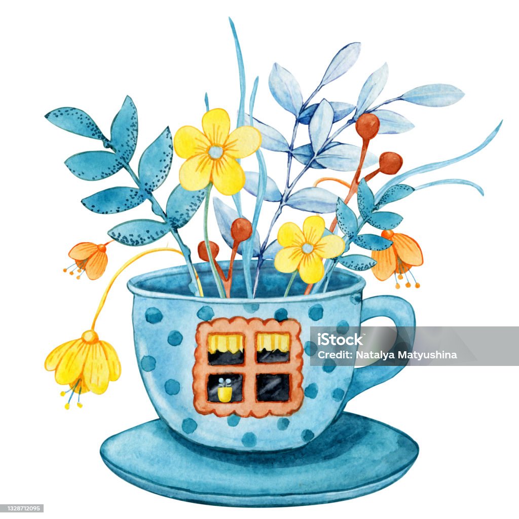 Tea House In The Garden With Flowers Cartoon Cup With Windows And Doors  Hand Drawn Watercolor Illustration Isolated On White Background Cozy Home  Tea Party Ceremony Kitchen Utensils Stock Illustration - Download