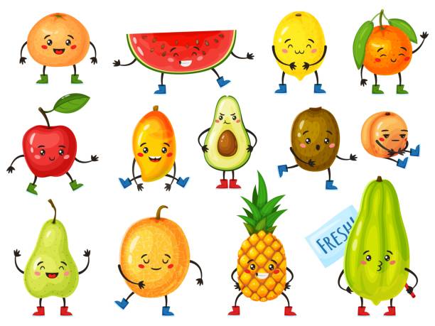 istock Cartoon fruit characters. Funny orange, pineapple, apple, avocado, lemon with cute faces. Happy smiling tropical fruits mascots vector set 1328712274