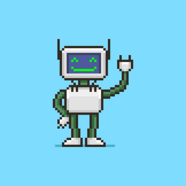 simple flat pixel art illustration of cartoon smiling humanoid robot with a display instead of a face colorful simple flat pixel art illustration of cartoon smiling humanoid robot with a display instead of a face robot clipart stock illustrations