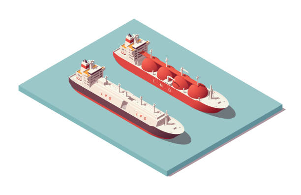 ilustrações, clipart, desenhos animados e ícones de conjunto isométrico de poli-tanques baixos. tanque de gnl e petroleiro de glp. ilustrador vetorial. coleção - petrolium tanker