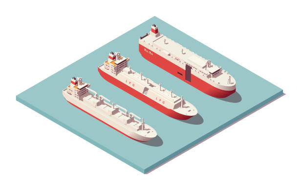 ilustrações, clipart, desenhos animados e ícones de conjunto de vasos de poli isométrico baixo. navio reefer & lpg tanker & ro-ro. ilustrador vetorial. coleção - petrolium tanker