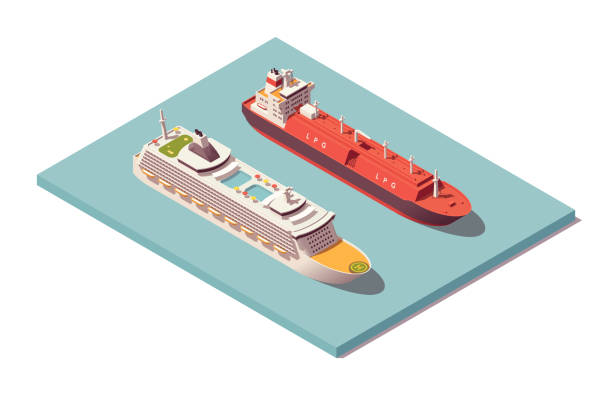 ilustrações de stock, clip art, desenhos animados e ícones de isometric low poly vessels set. cruise liner & lpg tanker. vector illustrator. collection - petrolium tanker