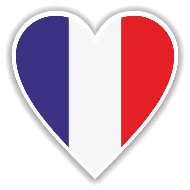 Vector illustration of Flag of France in heart with shadow and white outline