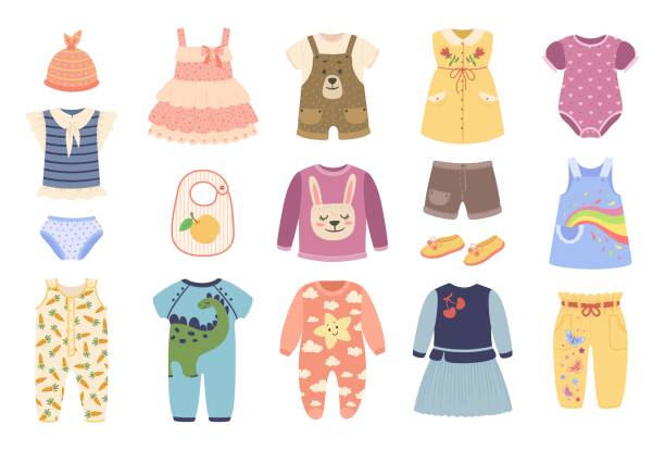 ilustraciones, imágenes clip art, dibujos animados e iconos de stock de ropa de bebé. ropa para bebés recién nacidos. bodysuit, romper, pijama, vestido, zapatos. lindo juego vectorial de ropa y accesorios de moda infantil - ropa de bebé