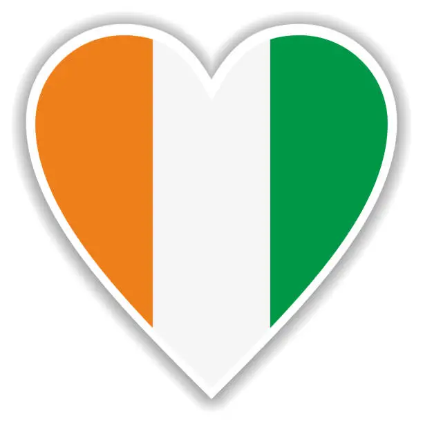 Vector illustration of Flag of Ivory Coast in heart with shadow and white outline