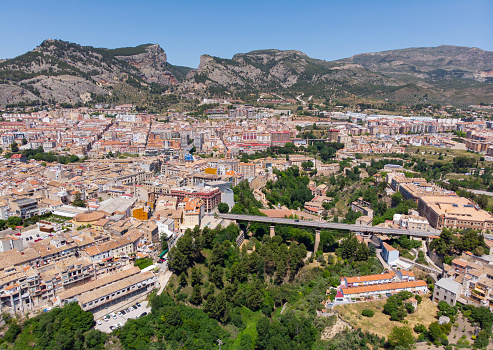 Drone point of view Alcoy town scenery during sunny summer day. Southern Spain. Europe