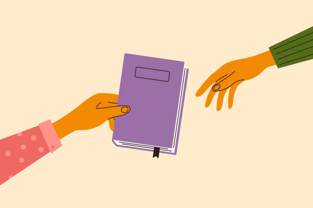 istock Books swap, exchange or crossing vector illustration with hand gives book to friend 1328717786