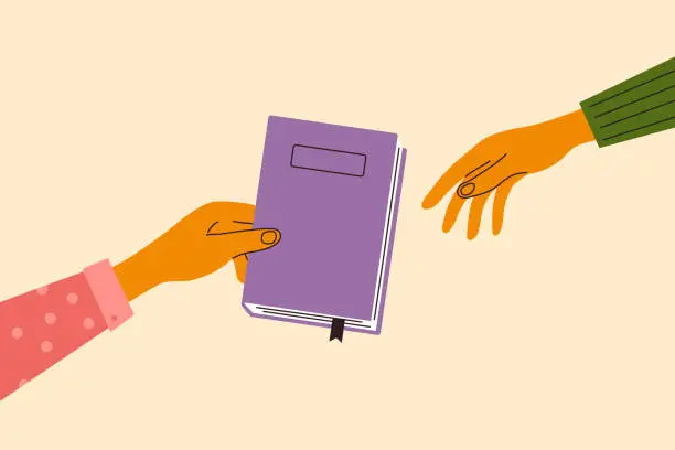 Vector illustration of Books swap, exchange or crossing vector illustration with hand gives book to friend