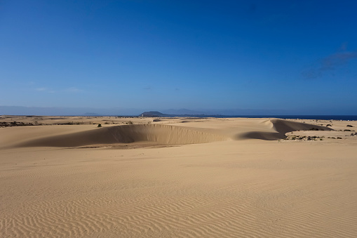 Low sun over the sand dunes in Corralejo Fuerteventura in the Canary Islands Spain