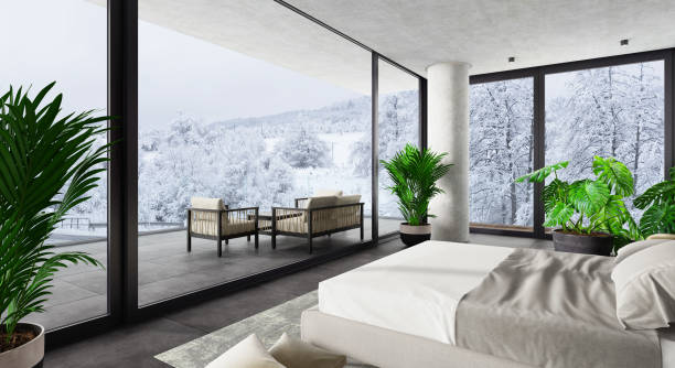 istock Luxury Hotel Modern interior bedroom with large windows. Winter scene mountain forest.. 1328718838
