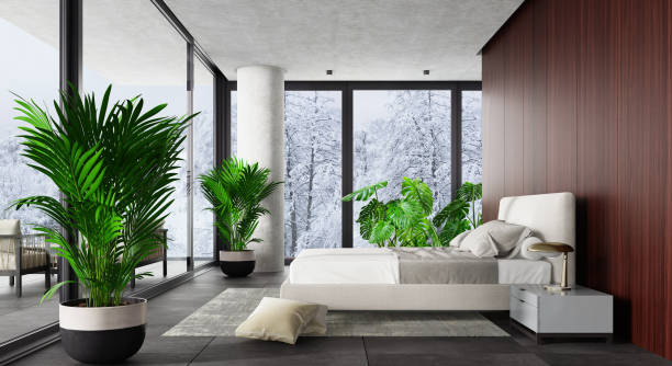 istock Luxury Hotel Modern interior bedroom with large windows. Winter scene mountain forest.. 1328718902