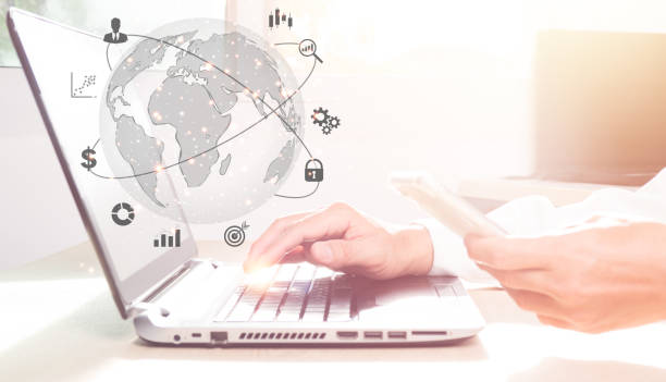 istock Businessman using application technology on lab top for business global and an internet connection to digital marketing, Financial and banking, concept about technology Digital link and big data. 1328720449