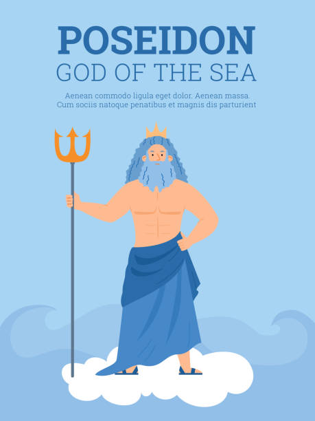 banner oder karte mit meeresgott poseidon hält dreizack, flache vektorillustration. - triton stock-grafiken, -clipart, -cartoons und -symbole