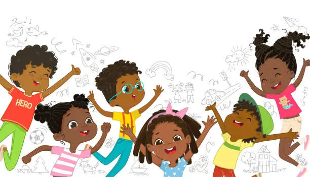 Vector illustration of A group of African American boys and girls play together, jumping and dancing fun against the background of the wall with children drawings. Long banner. Funny cartoon characters. Vector illustration