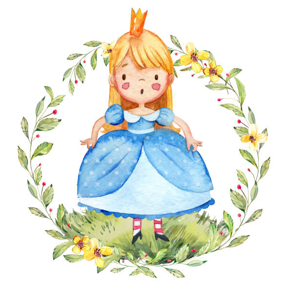 ●青いドレスを着た可愛い小さな王女の水彩イラスト。水彩画の花輪に囲まれた小さな女の子。分離 - flouncy点のイラスト素材／クリップアート素材／マンガ素材／アイコン素材